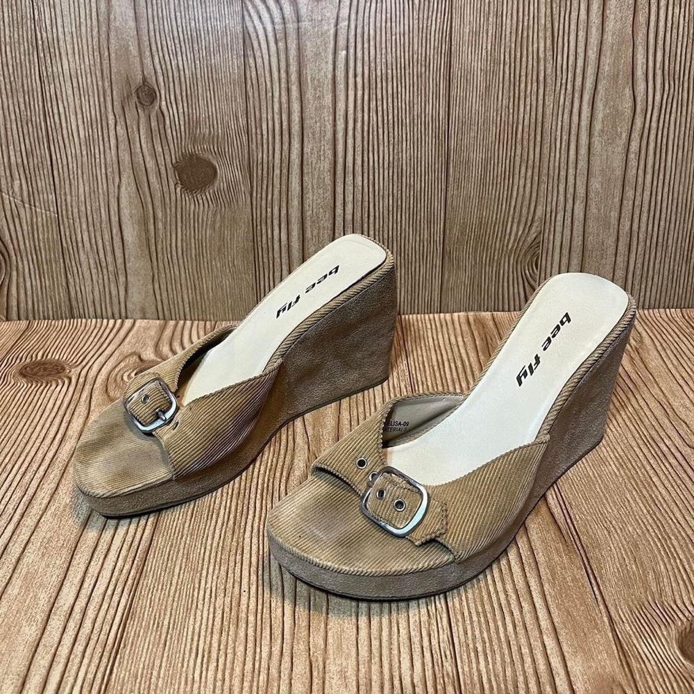 Vintage Bee fly Chunky corduroy wedge platform buckle sandals beige 7